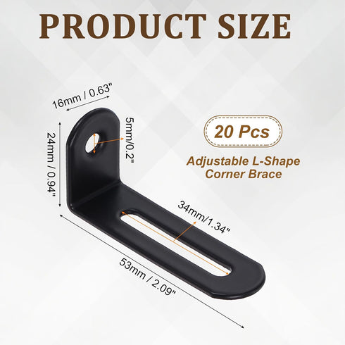 20Pcs 0.9" 2.1" 0.6" 90 uxcell Adjustable L-Shape Corner Brace, x x Metal Slotted Degree Right Angle Corner Shelf