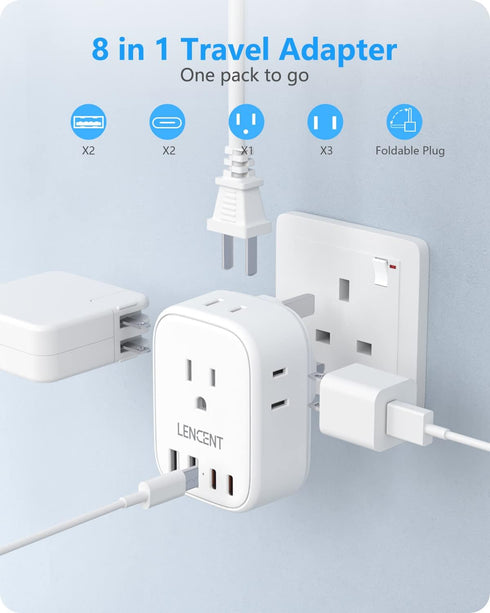 LENCENT US to UK Ireland Travel Plug Adapter, Type G Grounded Converter with 4 USB Chargers for USA to Dubai