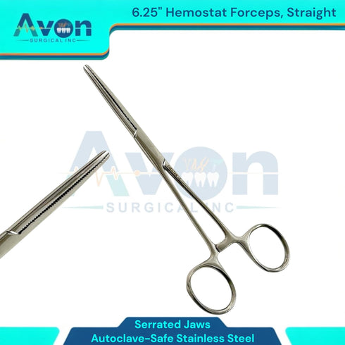 Avon Surgical Pack 2pcs (6.25 Inches) of - Hemostat Clamp Forceps with Serrated Jaws, Curved + Straight, Autoclave-Safe
