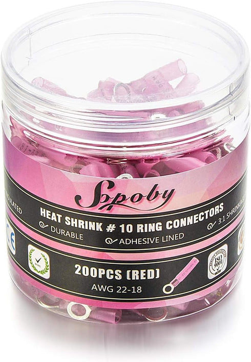 Sopoby 200PCS Heat Shrink Ring Connectors - 3/8" Red, 22-18 AWG - Automotive Marine Crimp Connector Kit