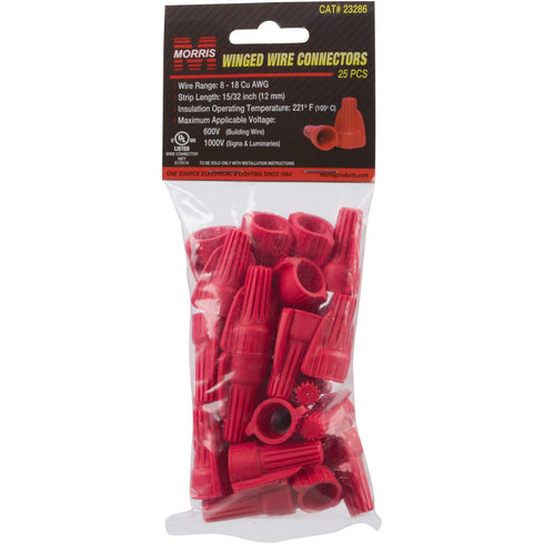 Morris Products Winged Twist Connectors, Heavy Duty Red Flame Retardant Housing for Electrical Wiring – Pack of 25