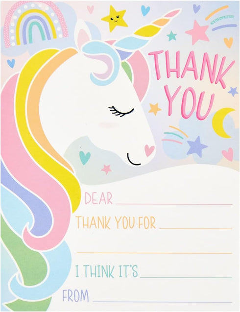 5.5 4.25 36-Pack Kids Thank You Cards Unicorn Fill-In-the-Blank - x in Pink & Violet Cardstock, & Envelopes - Unicorn