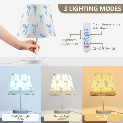 3 ALAZA Table Lamp Blue Bows White Bedside Lamp for Bedroom LED Nightstand Desk Lamp with USB Port, Way Temperatures