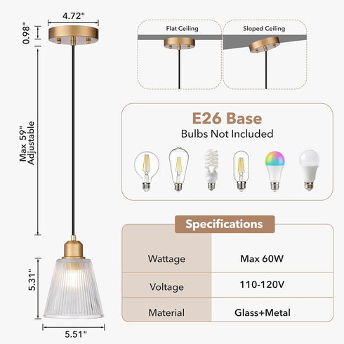 Mildear 5.8mm 1 Pack Pendant Light Kitchen Island, Modern Pendant Light Fixture with Thick Glass Shade, Adjustable Gold