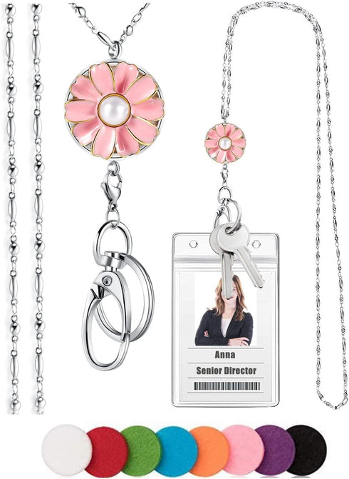 SAM & LORI Strong Pretty Lanyard Necklace for Women, Stainless Steel Diffuser Metal Chain with Badge Clip, Pink Daisy