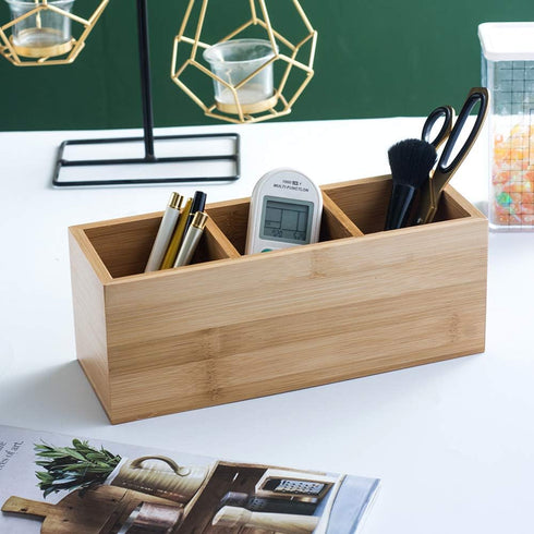 Bamboo Wood Pens Pencils Holder Cup for Desk Remote Control Holder, Caddy,Organizer,Desktop Storage with 3 Compartments,Multiuse for Store TV Remotes,Game Console,Phones,Office Supplies (3 Grid) by YOSCO
