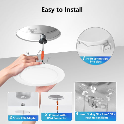 6inch, 5CCT Dimmable E26 2 Pack LVWIT LED Recessed Light Can Lighting with White Cover, Color Selectable Downlight