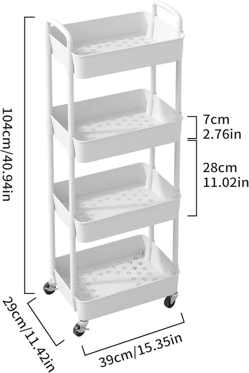 Sywhitta 4-Tier Plastic Rolling Utility Cart - Multi-Functional Storage Trolley with Handle for Office, Living Room,