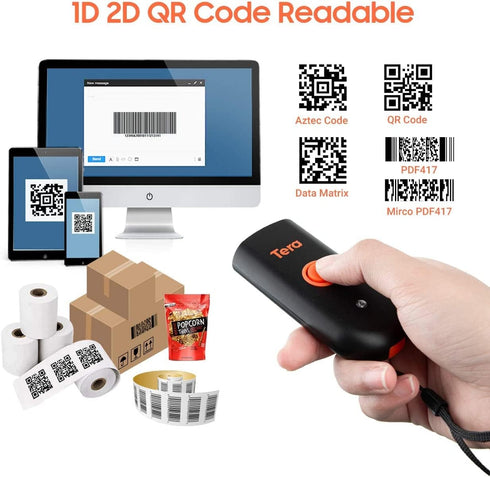 Tera Mini 1D 2D QR Wireless Barcode Scanner, Waterproof Shockproof Pocket Scanner, 3-in-1 BT & USB Reader, 1100D