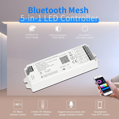 5in1 LM053 Bluetooth Mesh PWM LED Controller SmartLife TuyaSmart APP Control for Dimming CCT RGB RGBW RGBCCT LED Strip Work with WR01RF WR02RF RC01RF RC02RF RC03RF RC04RF RC05RF RF Remote by FCOB