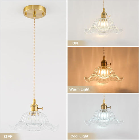 FONTA VERDE Vintage Pendant Lights Kitchen Island, Adjustable Brass Pendant Light Fixtures with Transparent Lily Glass