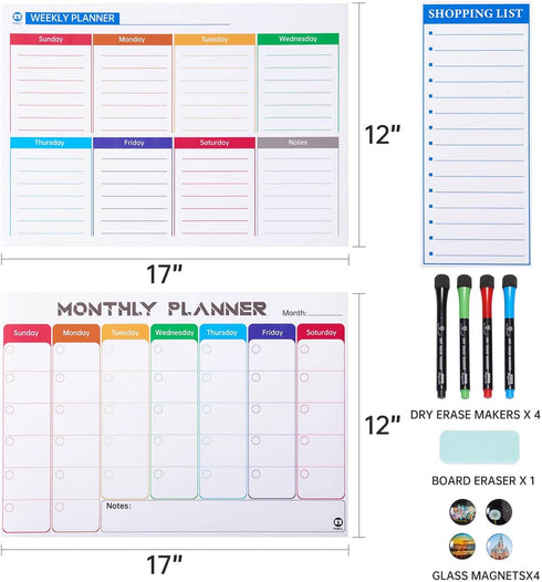 Pubell Magnetic Fridge Calendar Whiteboard Set (3-Pack) with Monthly, Weekly, Shopping List, Markers