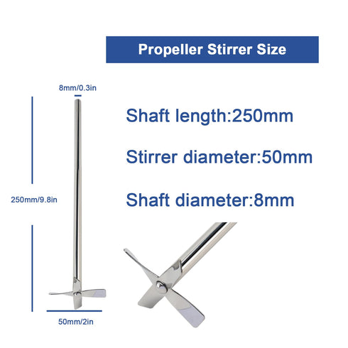 ONiLAB 18204530 316L Stainless Steel 4 Bladed Propeller Stirrer ,50 mm Stirrer Diameter, 8 mm Shaft Diameter, 250 mm Shaft Length