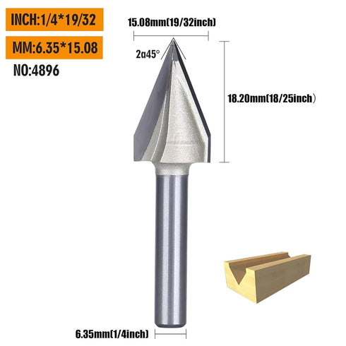 1PC Router Bits 45 Degree V Groove Bit, 1/4 Inch Shank Cutting Tool, 19/32 Inch Cutting Dia for Woodworking