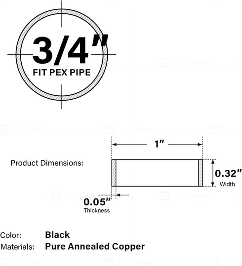 FQDS0034 3/4 Inch PEX Rings, Wrot Copper with Black Oxide Coating for Barb Fittings and Crimp Tools