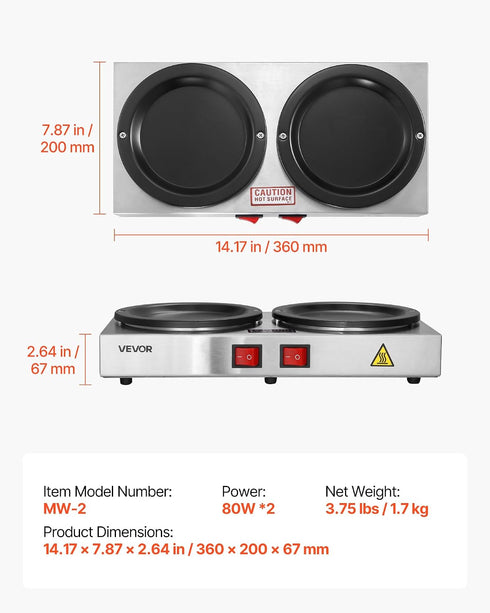 Commercial 80W 2 1.8L VEVOR Coffee Decanter Warm Plate, x Coffee-Carafe Warmer, Dual Warming Plates with Independent