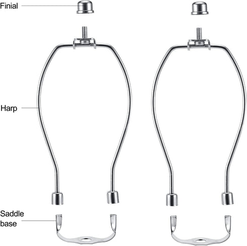 8 Inch Nickel Lamp Harp Holder Kits with Finials and Light Duty Saddle Bases (Set of 2)