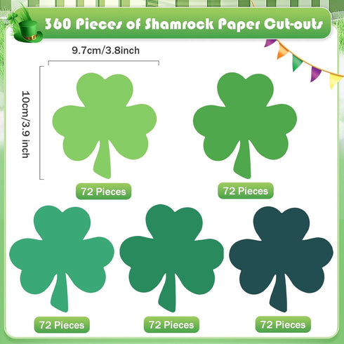 MixTeach 360 Pcs St. Patrick's Day Shamrocks Cutouts 4 Inch Paper Clover Cut-Outs Assorted Green Clover Shape Die Cuts for Irish St. Patrick's Day Party Kids School Craft Project Bulletin Board Decor by MixTeach
