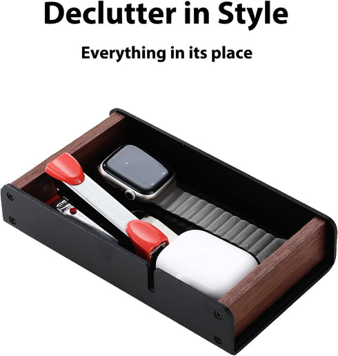 Walnut Desk Accessories Tray for Home Office, Wood Valet Tray for Men, Desktop Organizer Drawer for Airpod, Keys