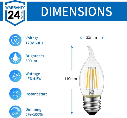 B11 Bulb Bulb E26 Dimmable Bulbs 2700K 4.5W (60W Lightbulbs, 6 Pack ANWIO Flame Tip Clear Candle Light Indoor LED