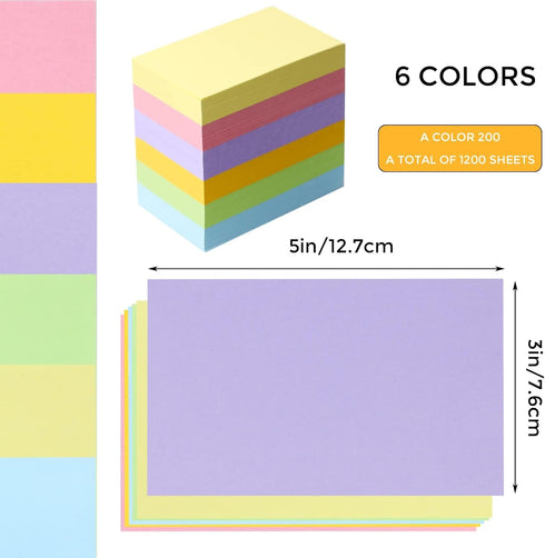 Tecmisse 1200 3x5, 6 PCS Blank Index Cards Colored Index Flash Cards for Studying, Note Cards, Study Cards Flashcards