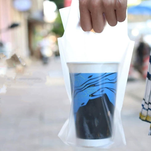 CEZOOWYEX 500 Pack 1-Cup Packaging Drink Carrier for Delivery, Plastic Drinking Bags with Handle, To Go Clear Poly Bags