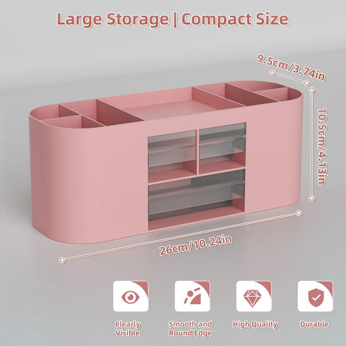 Marbrasse Desk Organizer Pen Holder with 3 Drawers, Multi-Functional Pencil Holder for Home, School, Classroom (Pink)