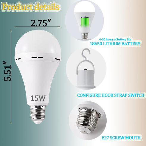 4-Pack White Rechargeable Emergency 15W LED Light Bulb, 100W Equivalent, 1500lm, 6000K, E26/27 Base, 2200mAh Battery