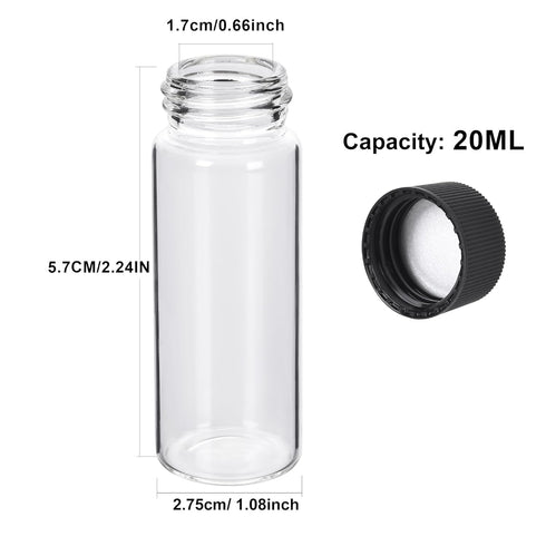 ESHATO 100 Pieces Glass Sample Vial, 20ML Liquid Sampling Small Glass Bottle with Black Plastic Screw Caps