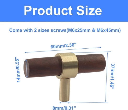 Piutouyar 2 60 mm/2.36 inch Pcs Walnut Cabinet Pulls, Single Hole Wood Drawer Handle Knobs, T Bar Knob Pull Handles