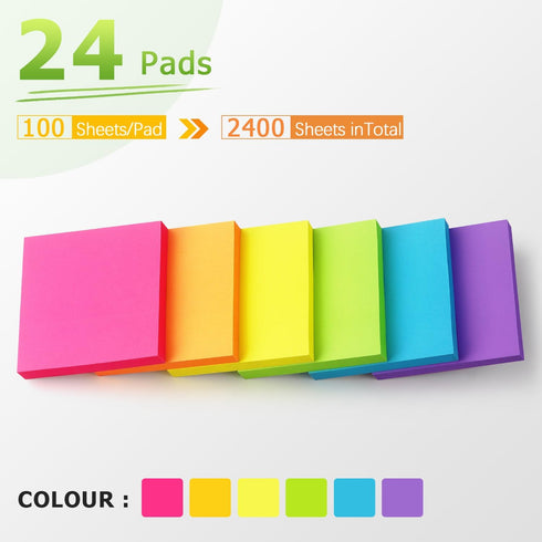Sticky Notes, 3x3 inch Bright Colors, Self-Stick Pads, 24 Pads/Pack, 70 Sheets/Pad, Total 1680 Sheets