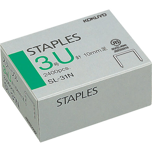 Kokuyo No. 3 U Staples, 2400pcs/box, Heavy-Duty, 0.39" Leg Length, 0.45" Crown Width, Steel, Japan Import