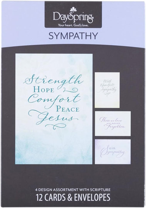 DaySpring - 12 Sympathy Boxed Cards and Envelopes (77541) - Strength Hope Comfort, 4 Design Assortment with Scripture