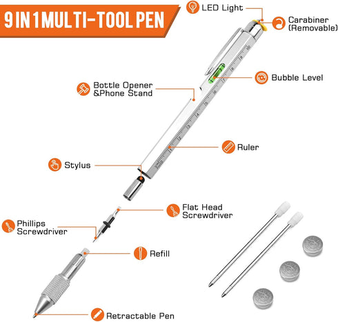 9 1 in Multi-Tool Pen for Men, Tools with Ballpoint Pen, Screwdrivers, LED Light, Ruler, Stylus, Bubble Level