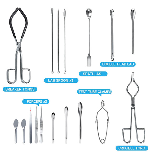 Basic Starter Scientific Lab Tools Pack - Chemistry Set with Crucible Tongs, Lab Spatula, Test Tube Clamps, Stainless