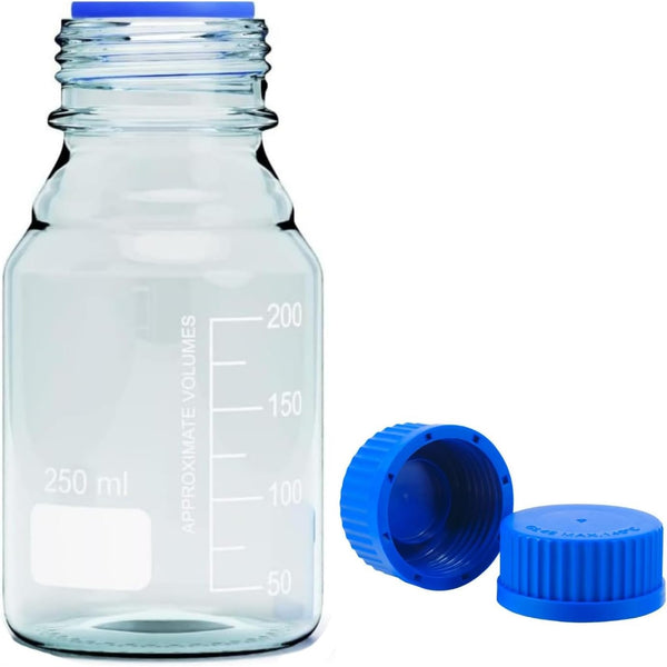 250ml Reagent Media Bottle, Graduated Glass Round Storage Bottle with Blue GL45 Screw Cap, Clear