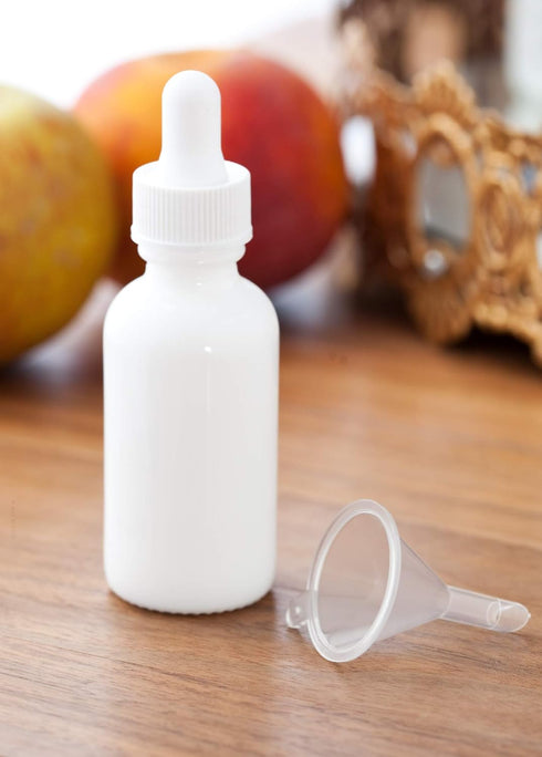 JUVITUS 1 oz Opal White Glass Boston Round Bottle with White Dropper, 24 Pack + Funnel