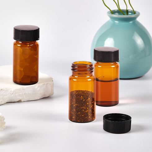 15 PCS 20ML Amber Small Liquid Sample Glass Vials with 24-400 Black Screw Caps for Lab, Essential Oil, Perfume