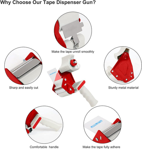 JARLINK Packing Tape Dispenser Gun (2 Pack) with 2 Rolls Tape, 2 inches Lightweight Industrial Side Loading Tape Dispenser for Shipping Packaging Moving Sealing (Grey & Red)