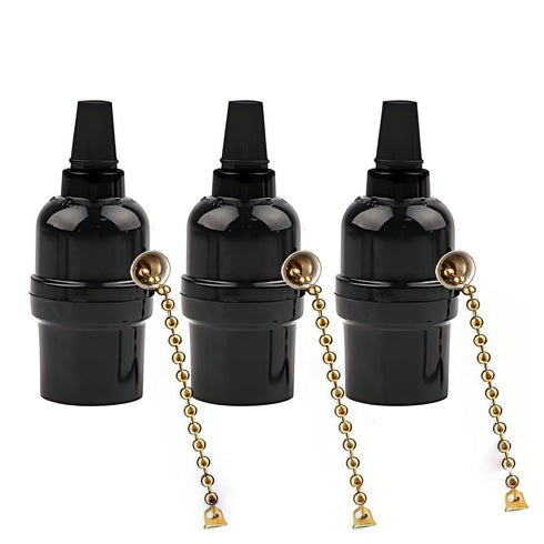 Phenolic Medium Base Light Socket with Pull Chain Switch,3 Pack TWDRTDD Black