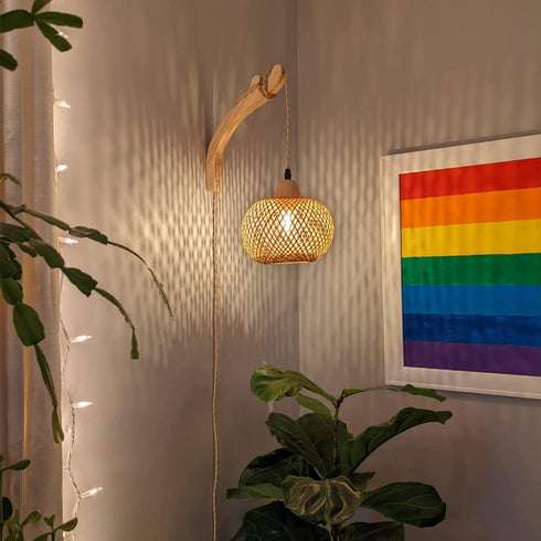 Frideko Bamboo Lantern Plug in Wall Sconces Wicker Wall Lamp with Plug in Cord Hand Woven Rattan Wall Light Farmhouse