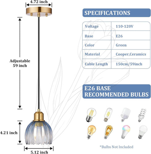 TALOYA Pendant Light with Blue Tulip Glass Lampshade, Brass Vintage Pendant Light Adjustable Hanging Light for Kitchen