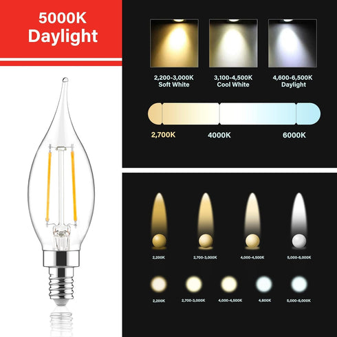 Sengled E12 Bulb Dimmable, 60W CA10 Bulbs, 5000K 12 Pack LED Candelabra Equivalent, Flame Tip Chandelier Light Daylight