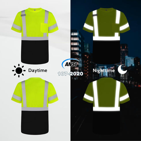 High Visibility Shirts for Men Class 3 Construction Shirts with Pocket, Hi Vis Reflective Safety Work Shirts for Men Women, Short Sleeve with Black Bottom, Durable & Breathable, Yellow 3XL