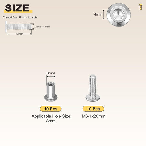 METALLIXITY Set(M6-1x20mm) 20Pcs, M6 Crib Screws Replacement Stainless Steel Connector Bolts Screw Barrel Nuts Binding
