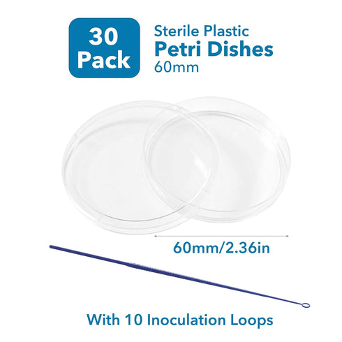 30 PCS 60mm Plastic Petri Dish with Lids, Sterile with 10PCS 10uL Inoculation Loops