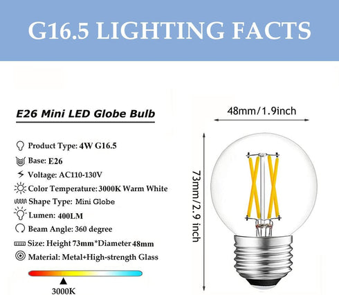 Greeogin Dimmable E26 g16.5 Bulb Bulb 4W 3000K 40W Bulbs 5 Pack led Mini Globe Edison LED Filament Warm White