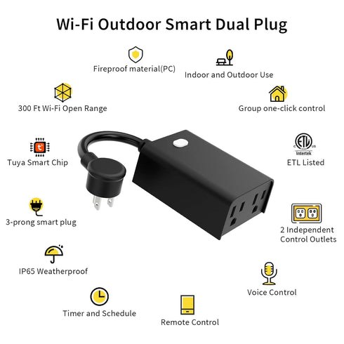 Minoston Outdoor Smart Plug Wi-Fi Plugs Outlet with 2 Individual Control Sockets, Weather-Resistance, Work with Alexa, Google Assistant, 125V, 2.4 GHz Wireless Frequency, No Hub Required (MP24W)
