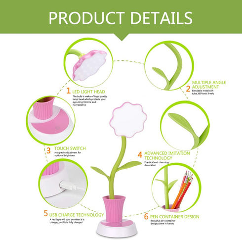 Desk Lamp for Kids Sunflower LED Charging Table Lamp Support Eye Protection Small Desk Folding for Reading,Study and Office, Adjustable Brightness - Pink by Uniwit