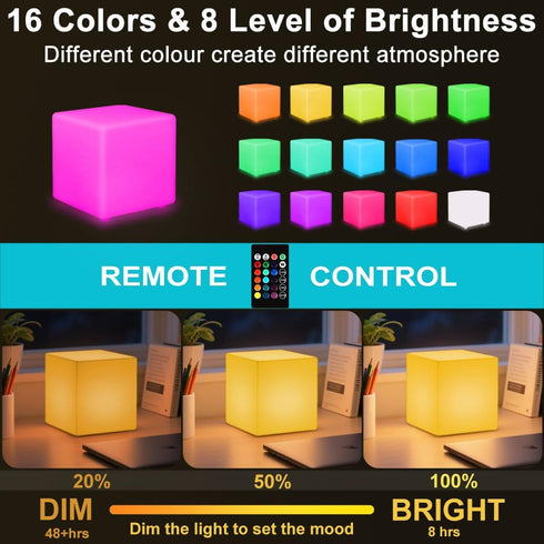 BALMOST 6-in Dimmable 16 4 LED Cube Night Light, Rechargeable LED Light Cube w/Remote, RGB Color Changing Modes Light